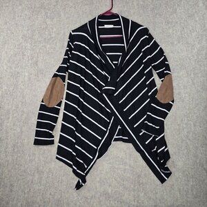 Striped Black & White Open Front Cardigan With Suede Elbow Patches By 12PM